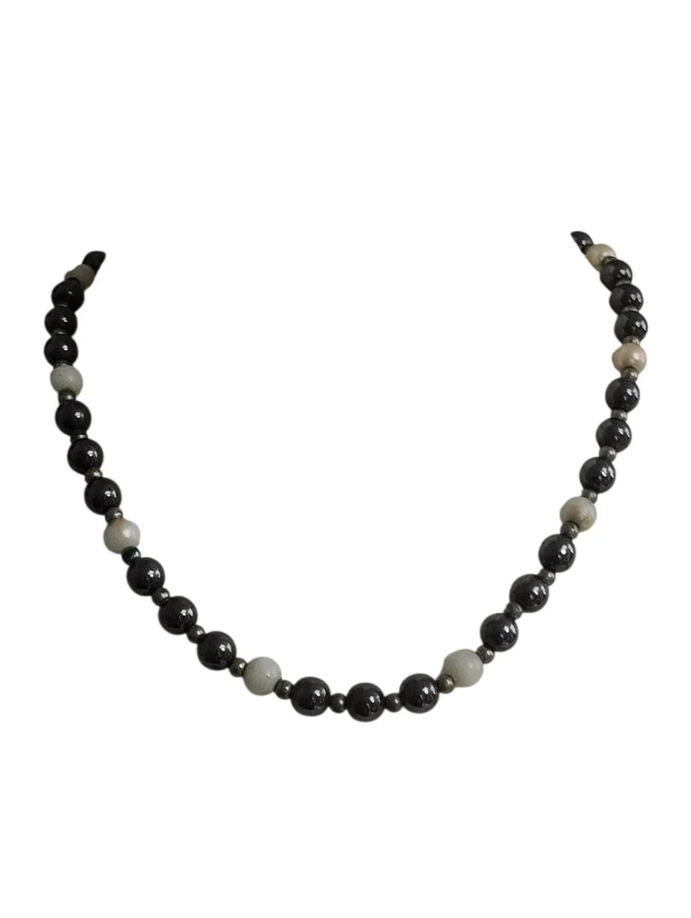 Classic Hematite and Soft White  Beaded Necklace